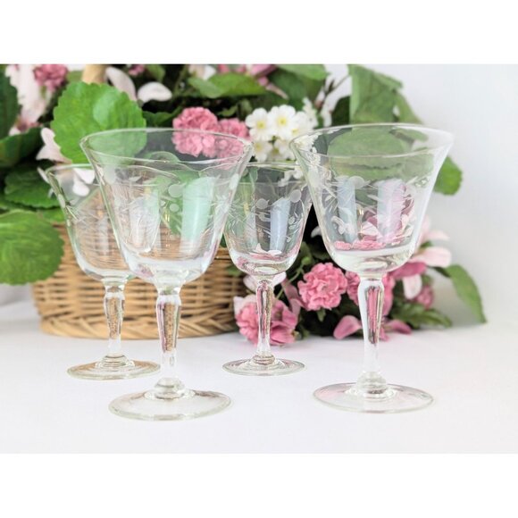 Set of 4 Etched Crystal Cocktail Glasses Dot & Swag Vintage 1940s Willow Moon - Picture 3 of 8